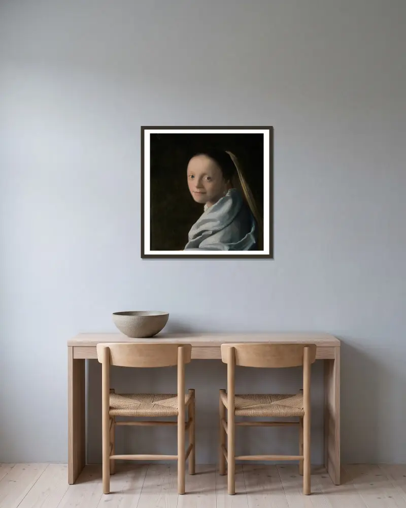 Study of a Young Woman av Johannes Vermeer inramad på en vägg