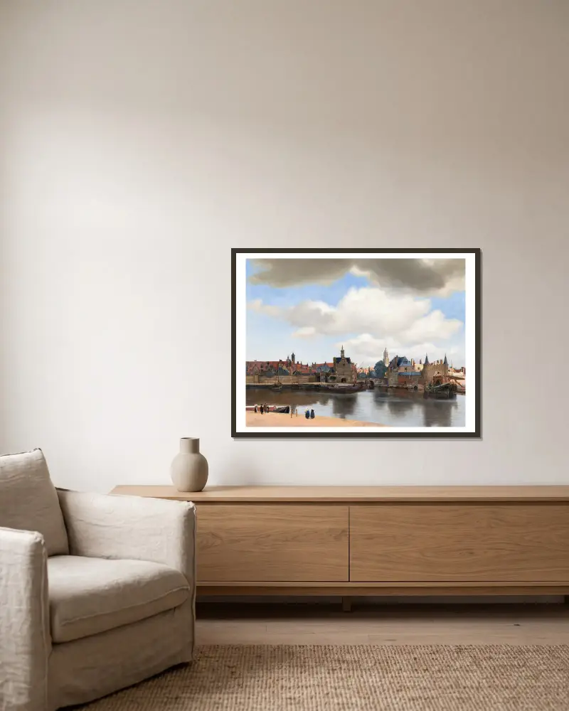 View of Delft av Johannes Vermeer inramad på en vägg