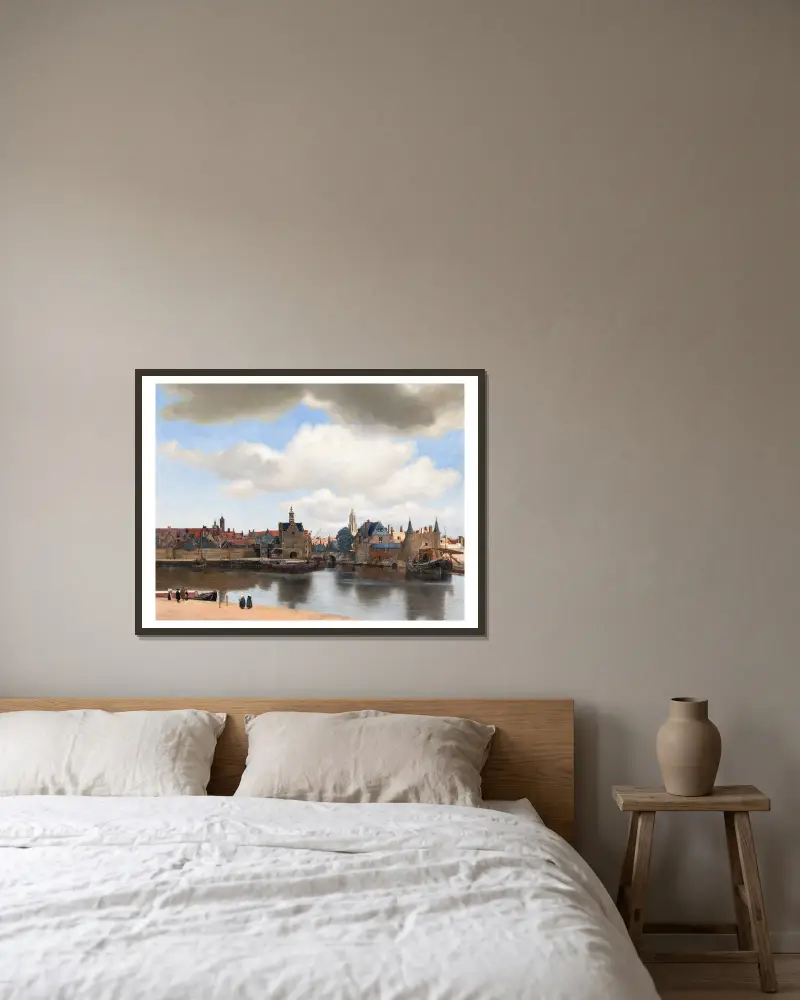 View of Delft av Johannes Vermeer inramad på en vägg