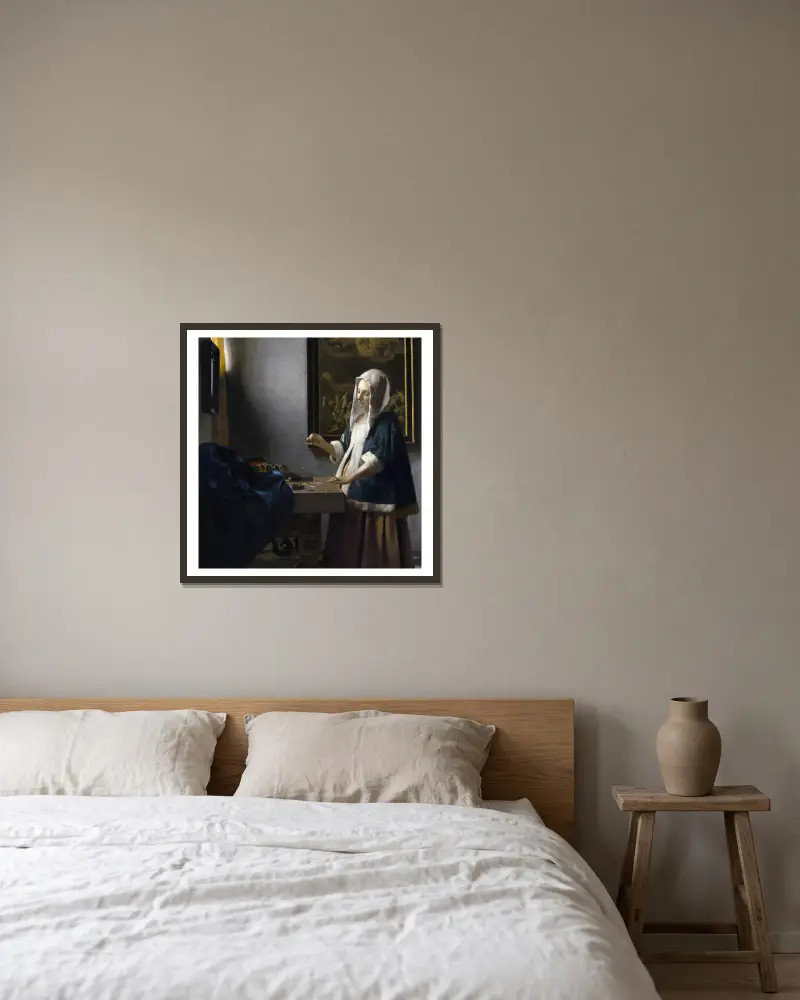 Woman Holding a Balance av Johannes Vermeer inramad på en vägg