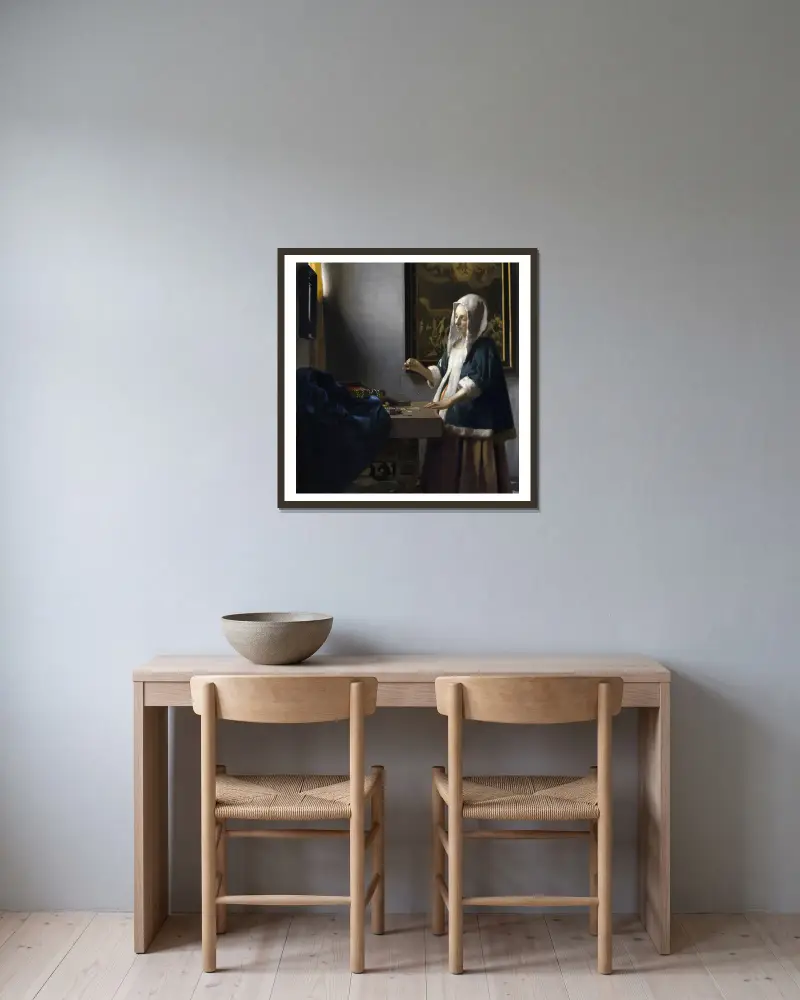Woman Holding a Balance av Johannes Vermeer inramad på en vägg