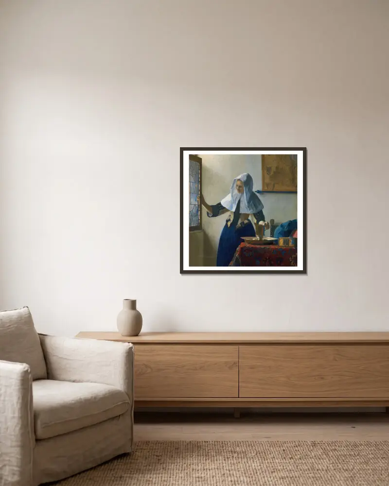 Young Woman with a Water Pitcher av Johannes Vermeer inramad på en vägg