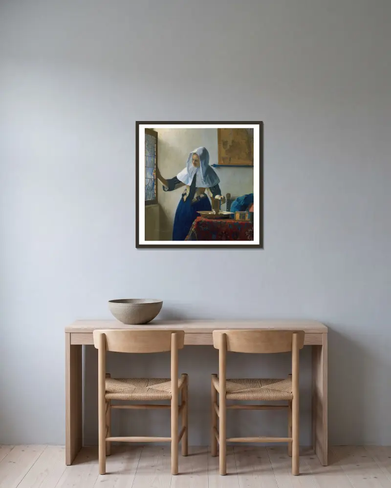 Young Woman with a Water Pitcher av Johannes Vermeer inramad på en vägg