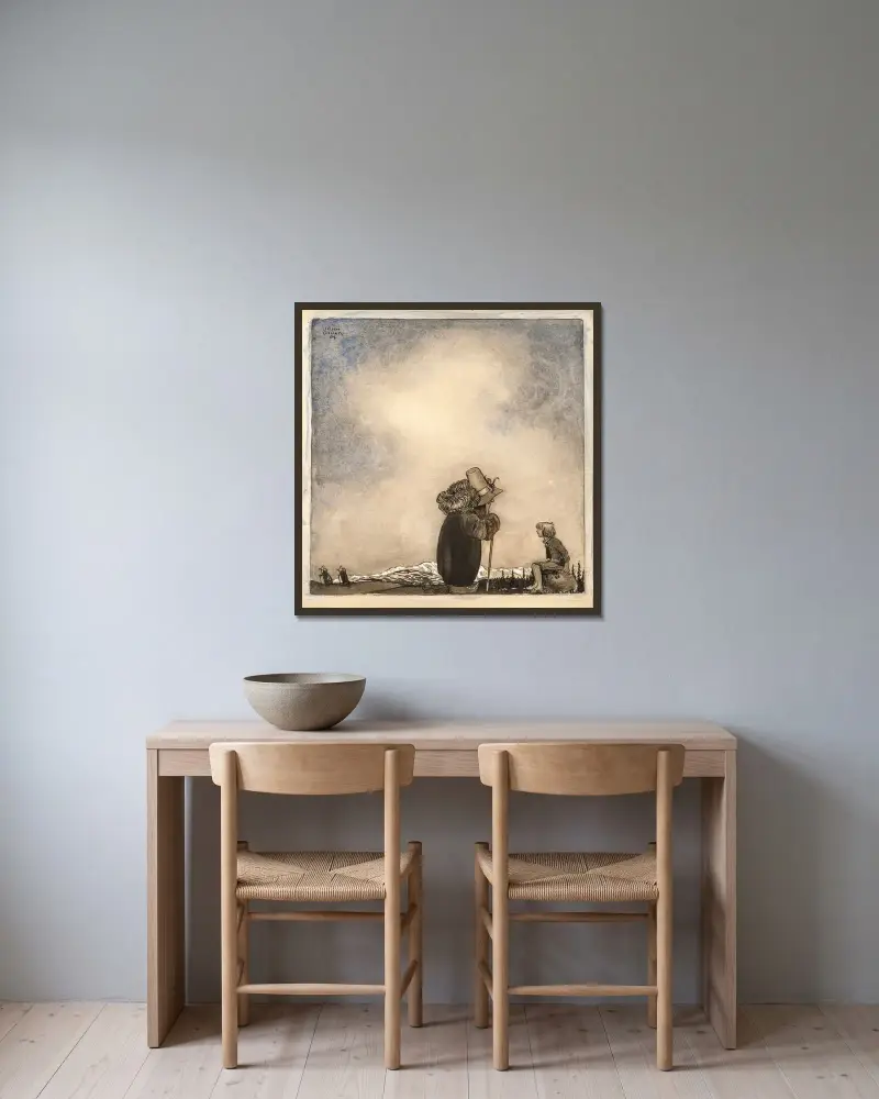 Alter Mann im Gespräch mit einem Jungen von John Bauer gerahmt an einer Wand