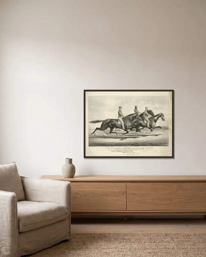 Toronto Chief, General Butler, and Dexter; in their great race under Saddles, over the Fashion Course, L.I. July 19th, 1866 av John Cameron inramad på en vägg
