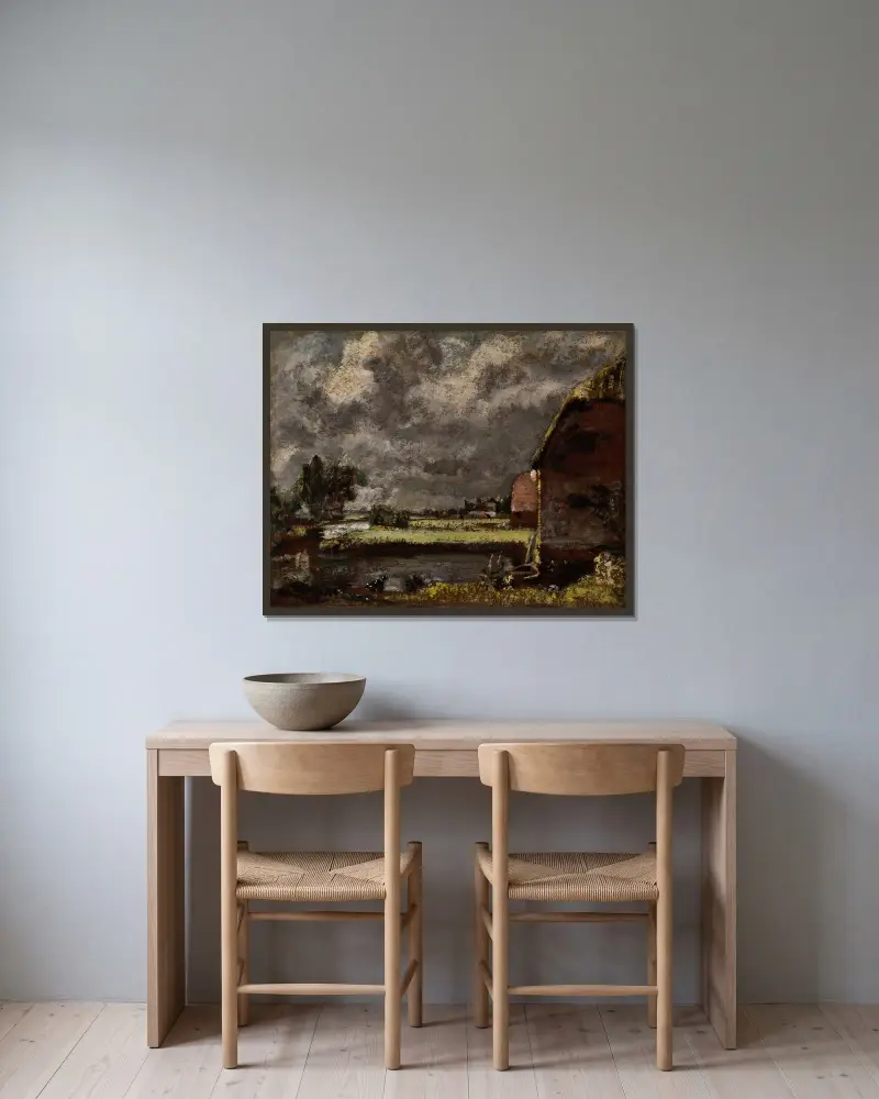 Utsikt vid stranden av floden Stour av John Constable inramad på en vägg