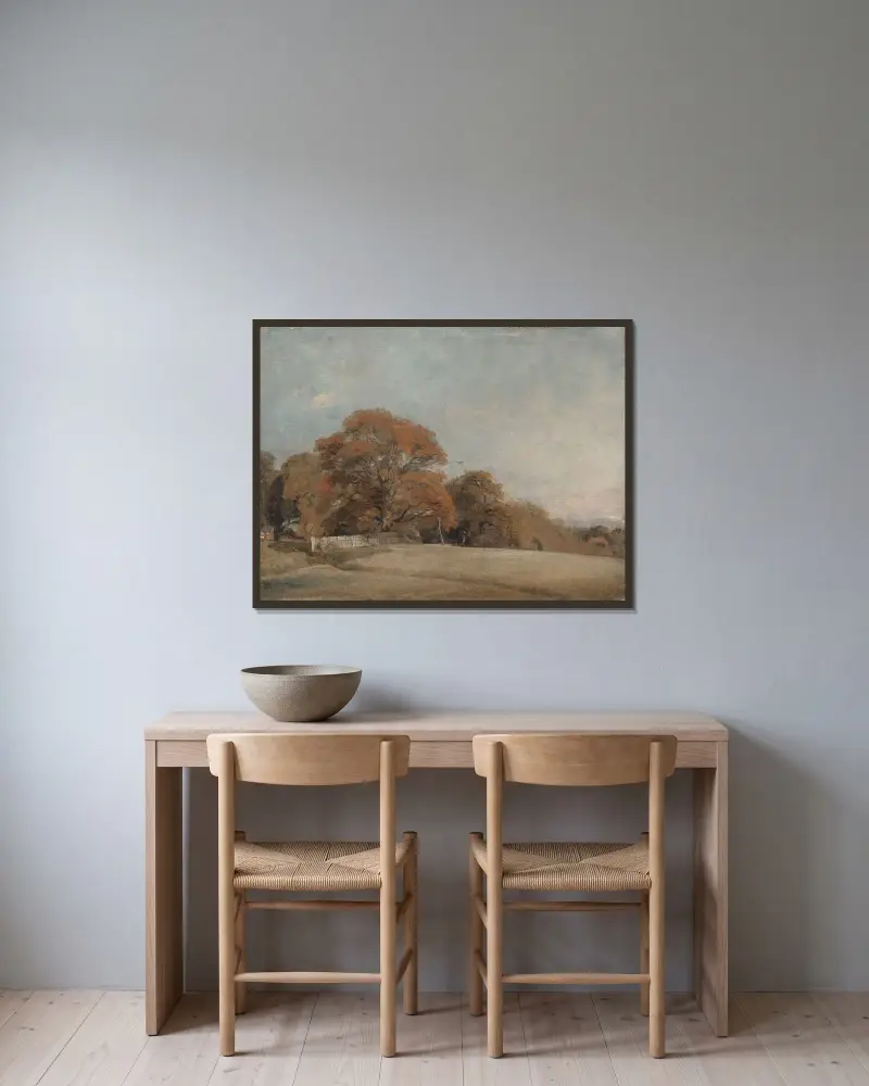 Ett höstlandskap vid East Bergholt av John Constable inramad på en vägg