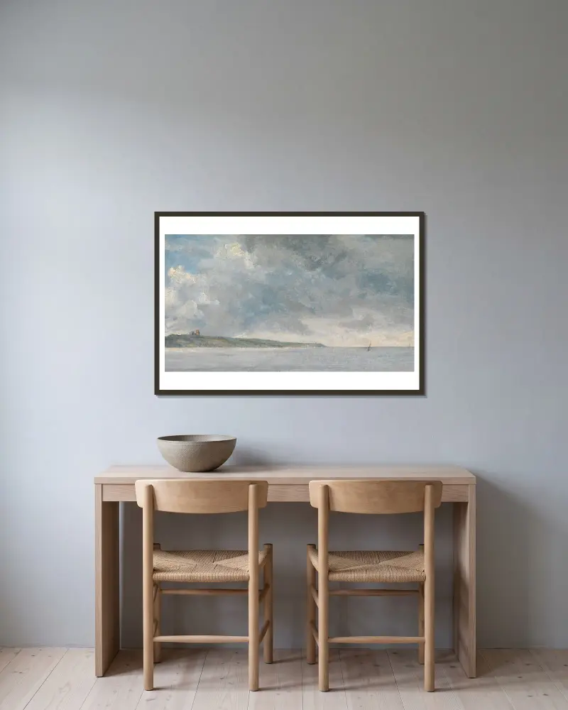 Pobřežní scéna s útesy, John Constable v rámu na stěně