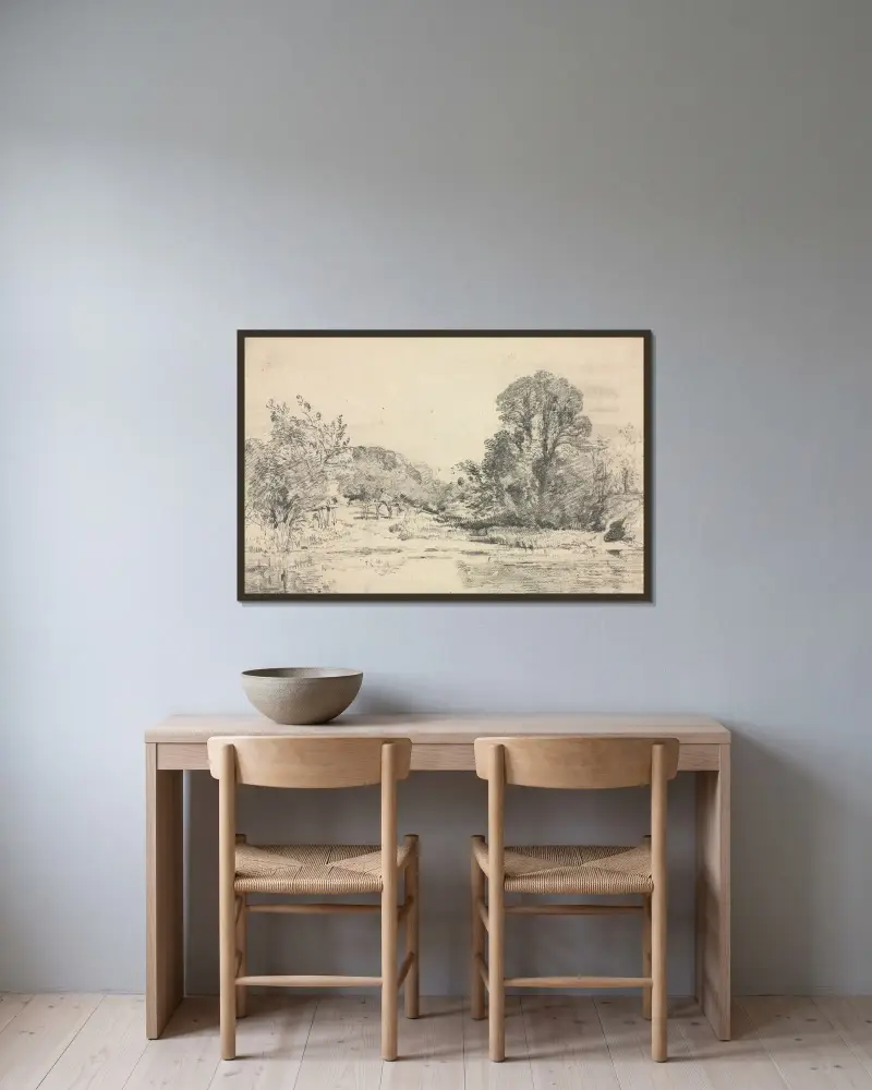 Waldstück mit Teich von John Constable gerahmt an einer Wand
