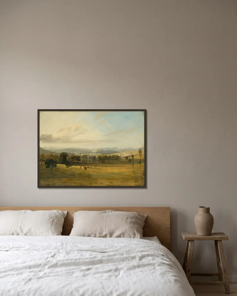 Skiss av Leighton Hall, Lancashire, med kullarna i Lake District i bakgrunden av John Constable inramad på en vägg