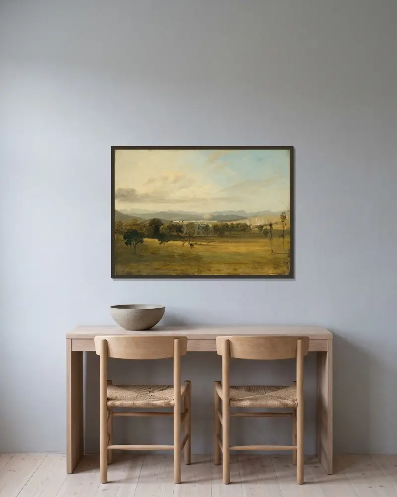 Skiss av Leighton Hall, Lancashire, med kullarna i Lake District i bakgrunden av John Constable inramad på en vägg