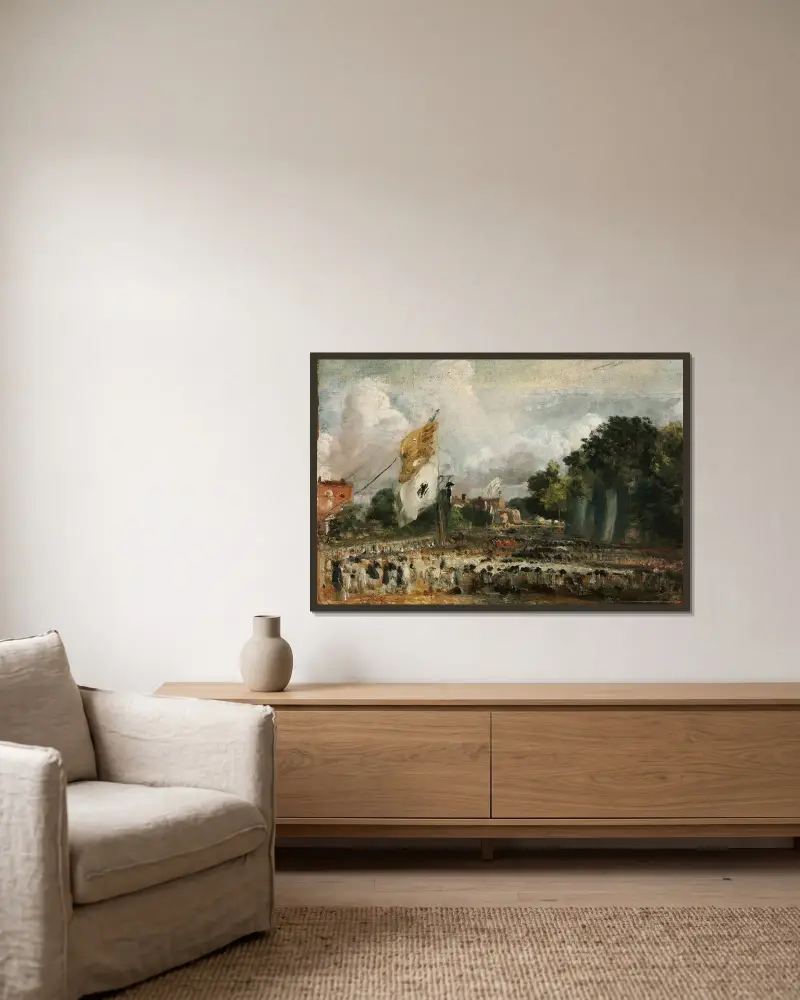 Fredsfirandet i East Bergholt med anledning av freden i Paris 1814 av John Constable inramad på en vägg