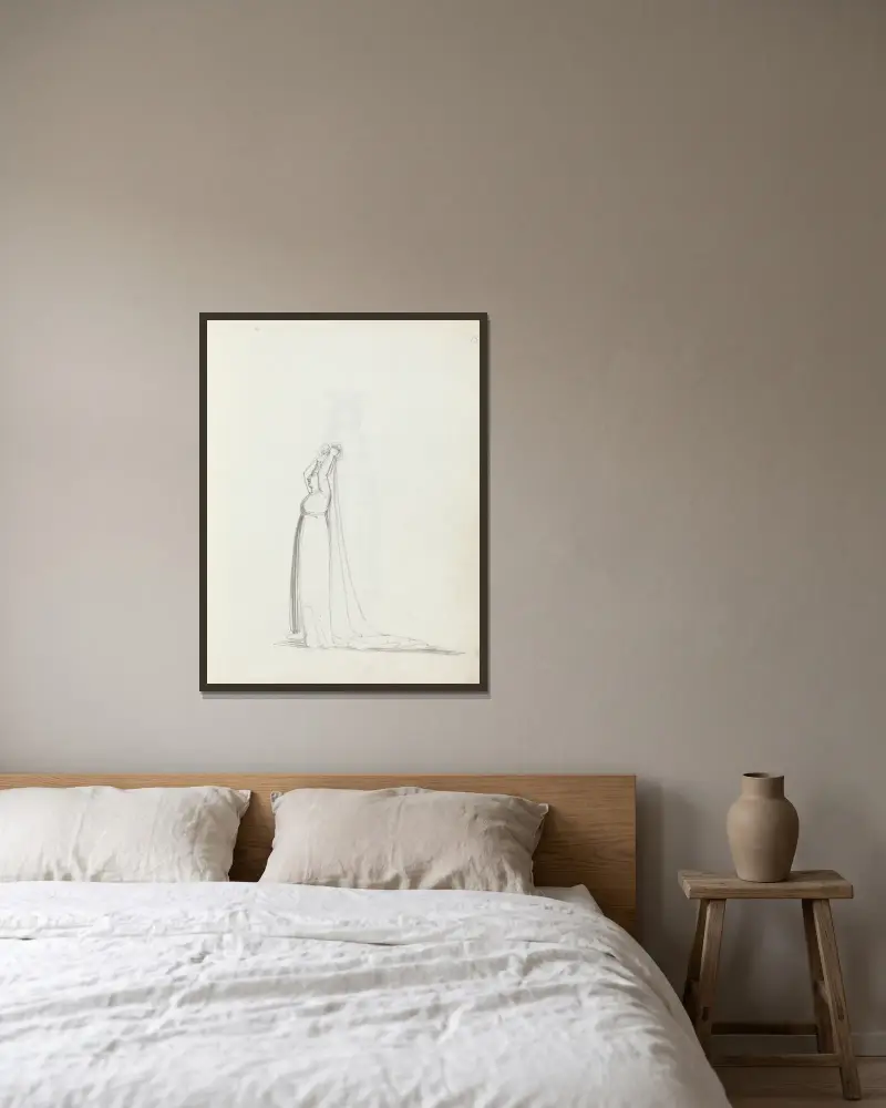 Mrs. Siddons in ganzer Figur, im Profil, stehend, die Arme über dem Kopf, einen Schleier haltend von John Flaxman gerahmt an einer Wand