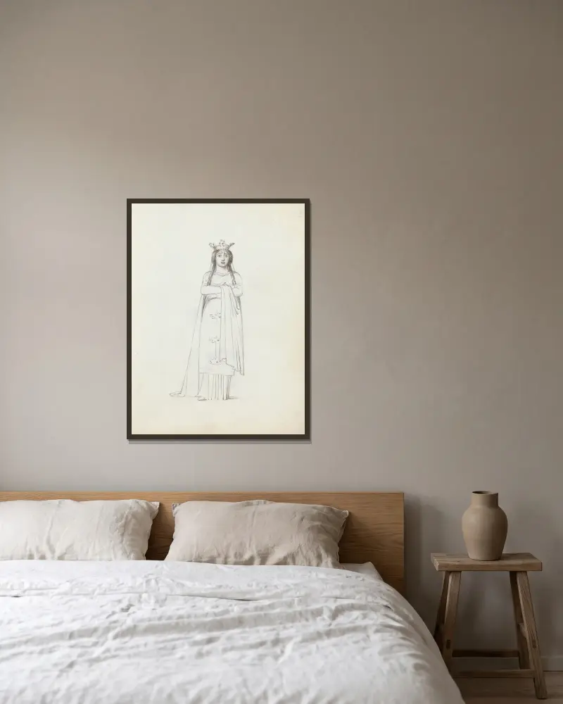 Mrs. Siddons stehend, frontal mit verschränkten Armen von John Flaxman gerahmt an einer Wand