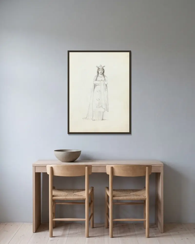 Mrs. Siddons stehend, frontal mit verschränkten Armen von John Flaxman gerahmt an einer Wand