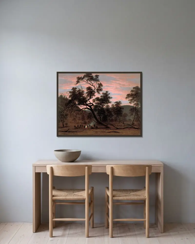 En corroboree av infödda på Mills Plains av John Glover inramad på en vägg