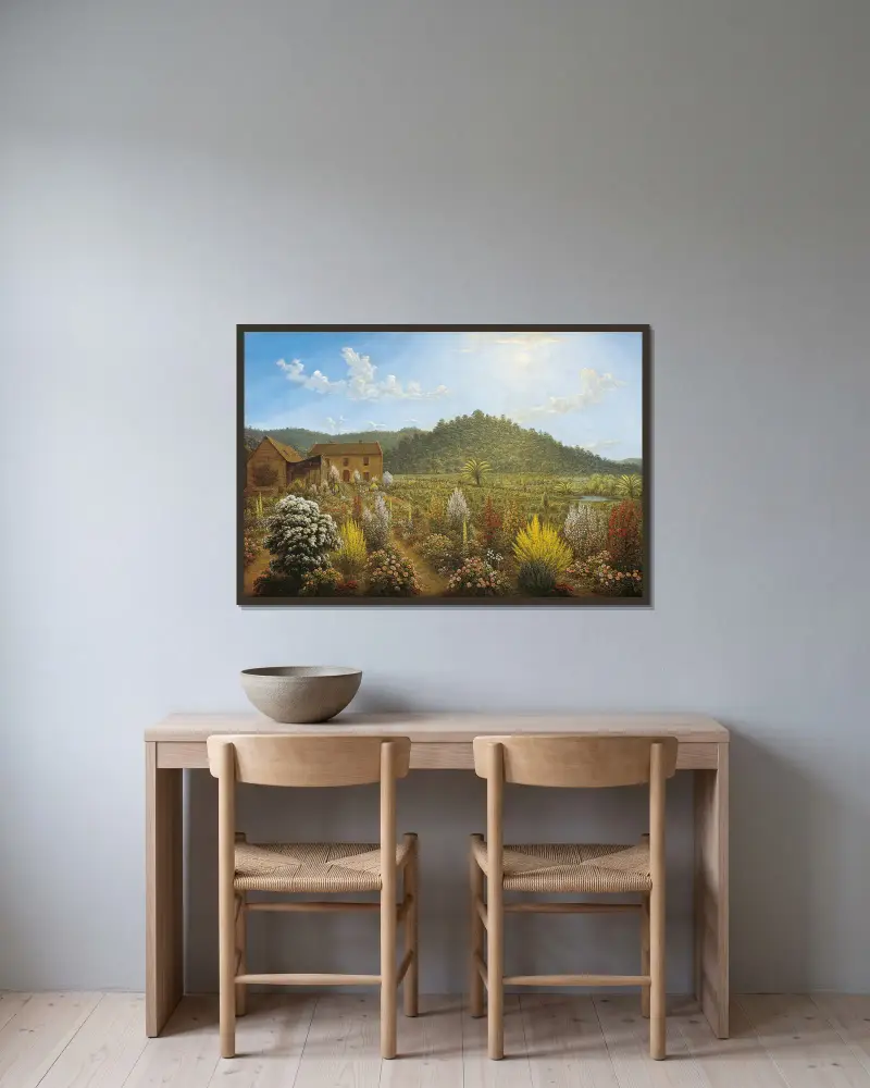 Utsikt över konstnärens hus och trädgård i Mills Plains, Van Diemen's Land av John Glover inramad på en vägg