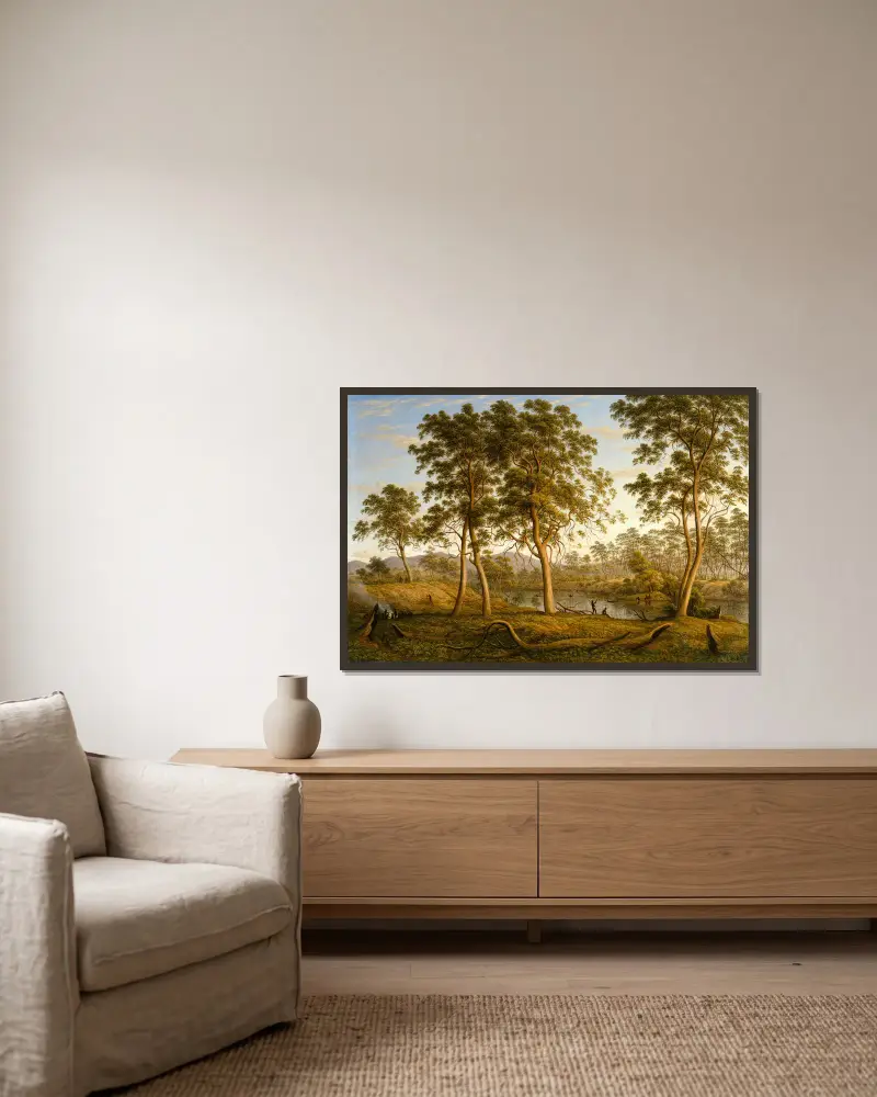 Ureinwohner am Ouse River, Van Diemens Land von John Glover gerahmt an einer Wand