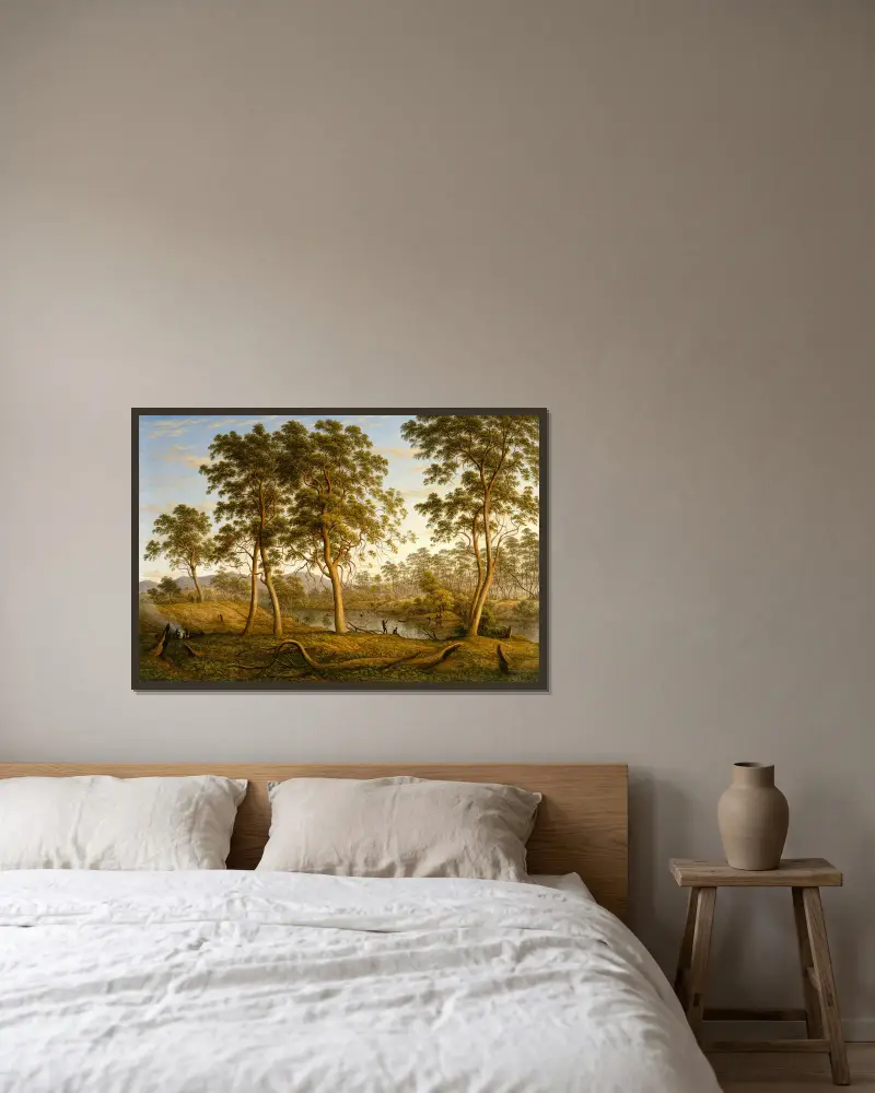 Ureinwohner am Ouse River, Van Diemens Land von John Glover gerahmt an einer Wand