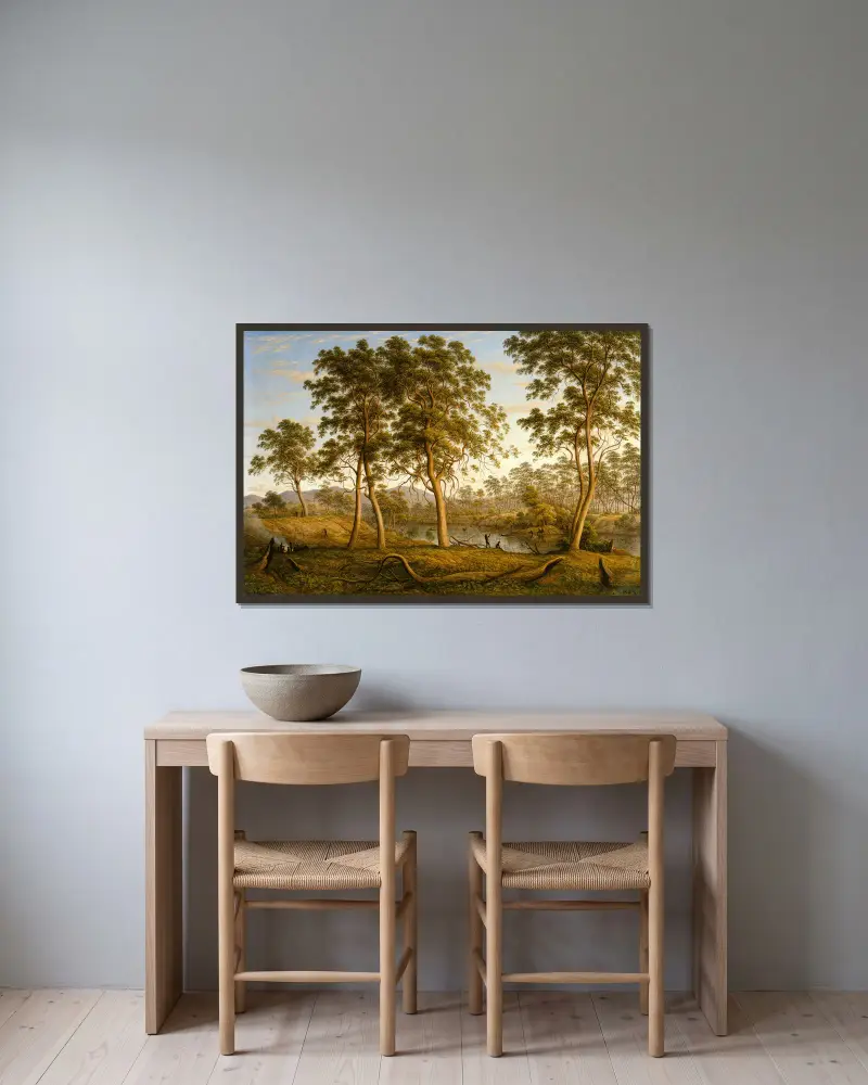 Ureinwohner am Ouse River, Van Diemens Land von John Glover gerahmt an einer Wand