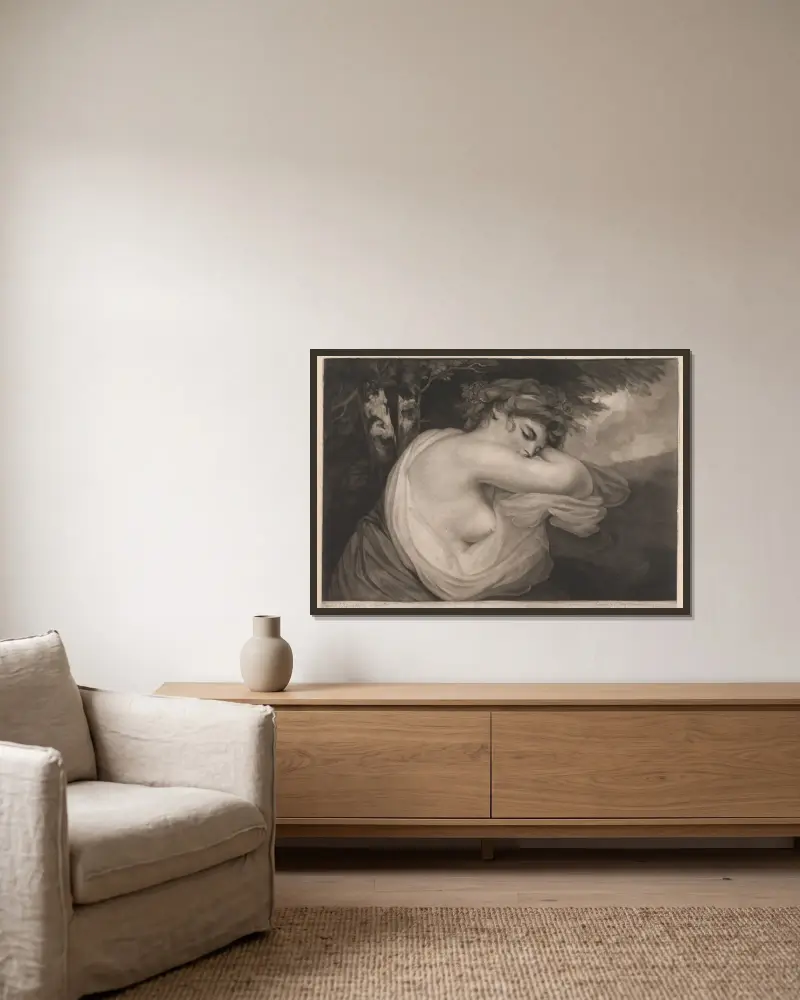 Eine schlafende Bacchantin von John Hoppner gerahmt an einer Wand