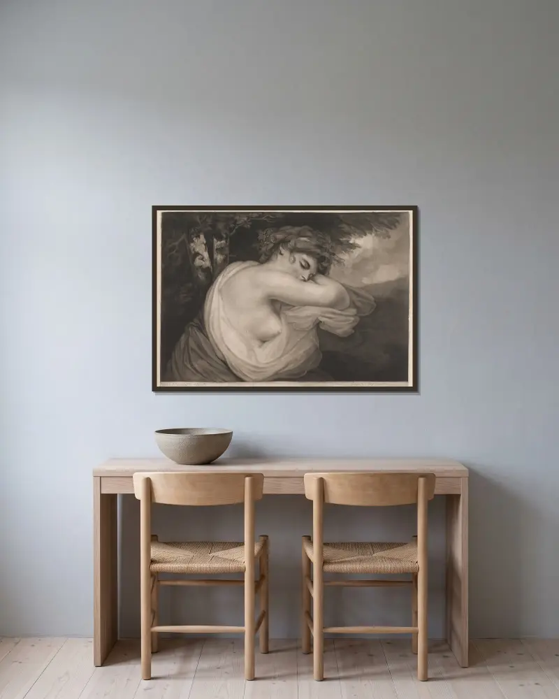 Eine schlafende Bacchantin von John Hoppner gerahmt an einer Wand