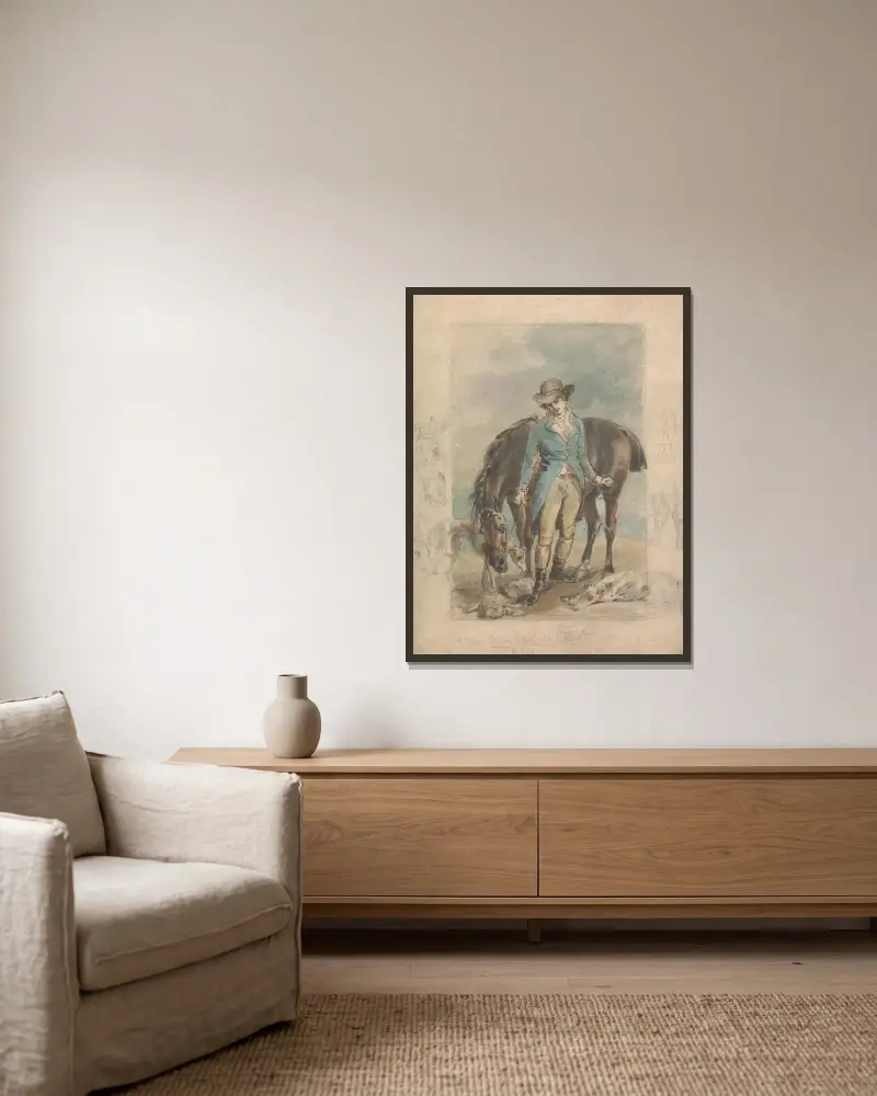 Ung man med häst, med studier av hundar och död hare av John Hoppner inramad på en vägg