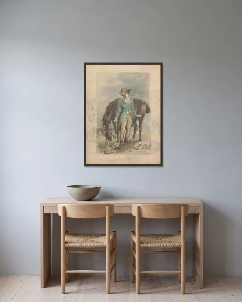 Ung man med häst, med studier av hundar och död hare av John Hoppner inramad på en vägg