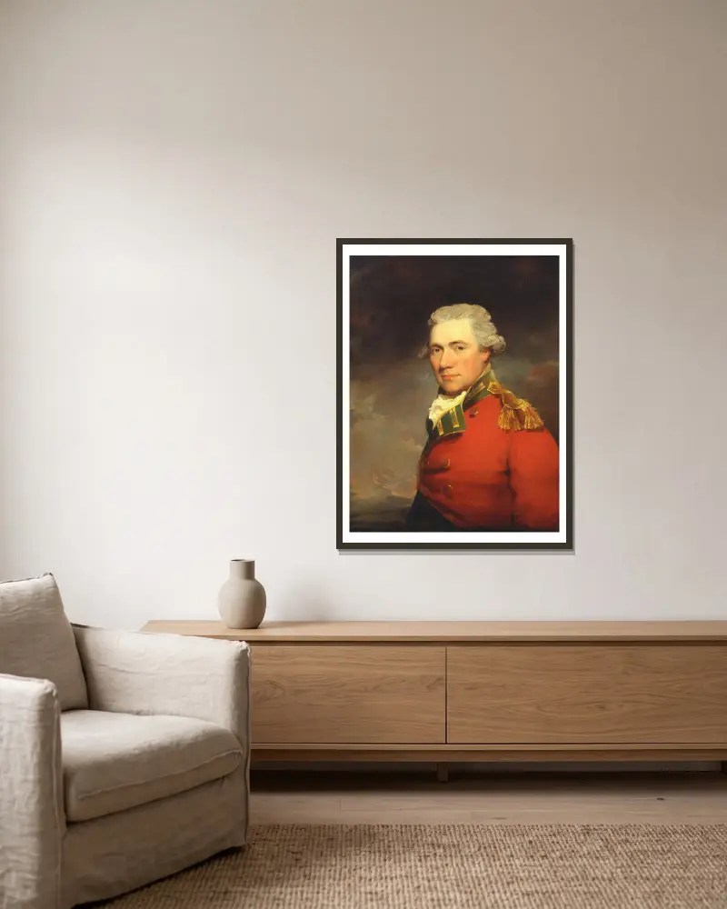 Ein unbekannter britischer Offizier, vermutlich des 11th (North Devonshire) Regiment of Foot, um 1800 von John Hoppner gerahmt an einer Wand