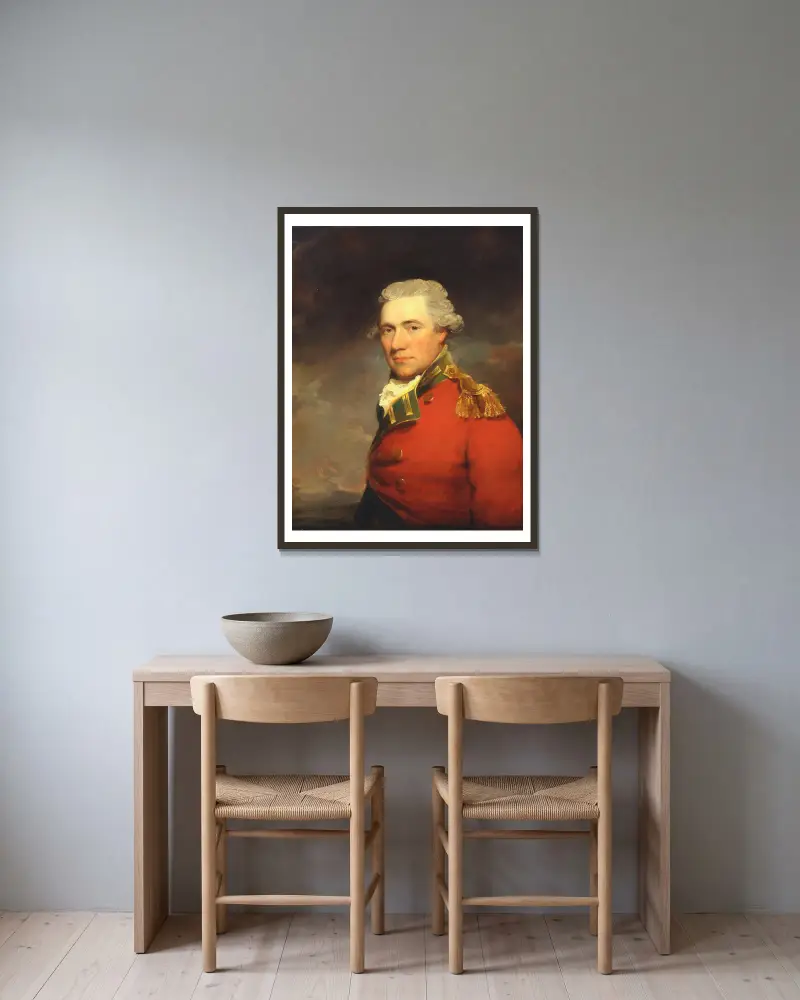 Ein unbekannter britischer Offizier, vermutlich des 11th (North Devonshire) Regiment of Foot, um 1800 von John Hoppner gerahmt an einer Wand