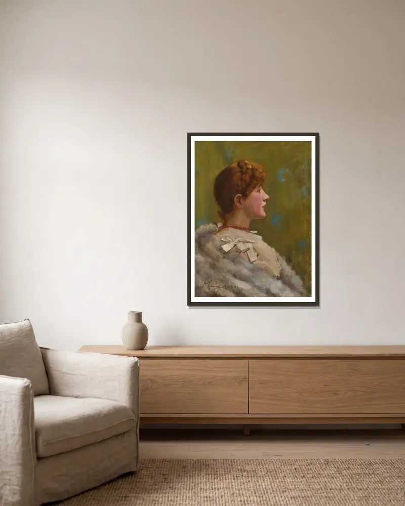 Girl In A Fur Wrap av Sir John Lavery inramad på en vägg