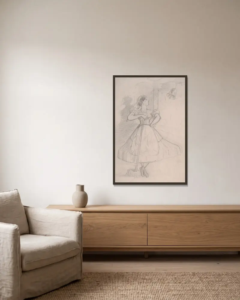 Piga mit Mopp von John Leech gerahmt an einer Wand
