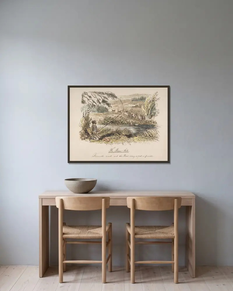 Älvstranden, medvind och forellen som stiger så snabbt som möjligt av John Leech inramad på en vägg