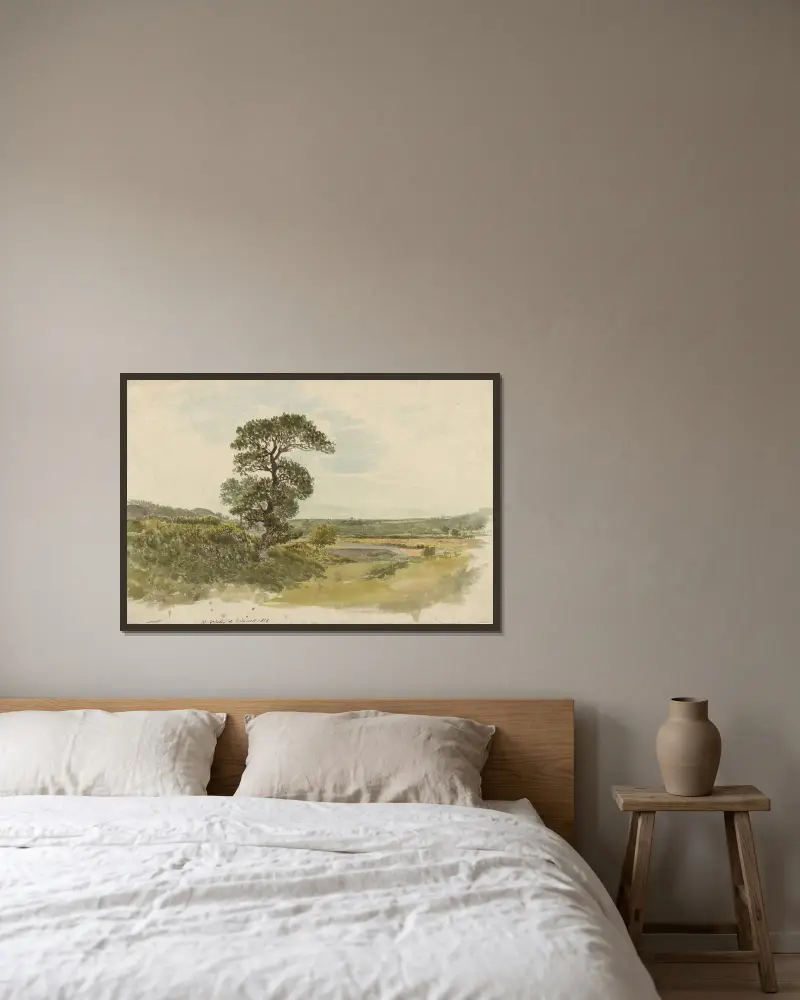 Ett landskap i Snowdonia med ett träd i förgrunden av John Linnell inramad på en vägg