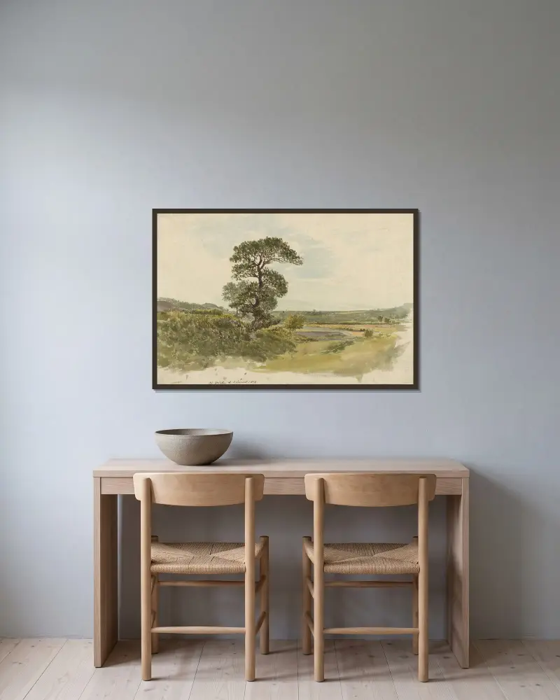 Ett landskap i Snowdonia med ett träd i förgrunden av John Linnell inramad på en vägg