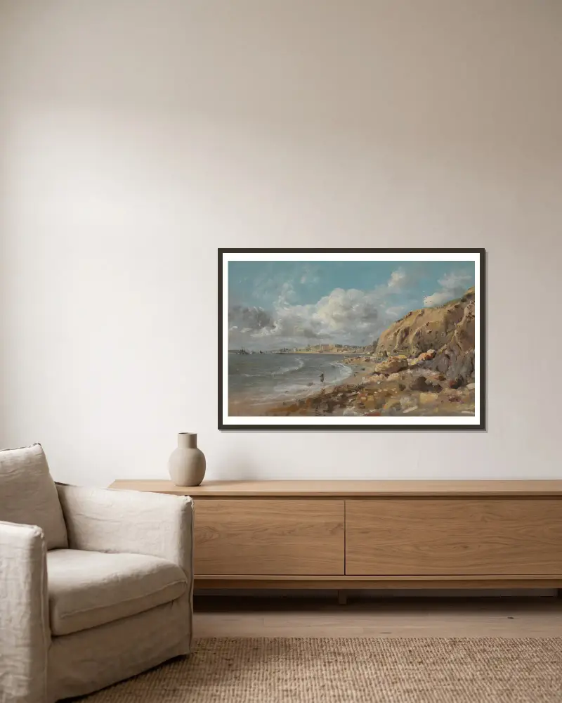 Kustvy vid Cullercoats nära Whitley Bay av John Linnell inramad på en vägg