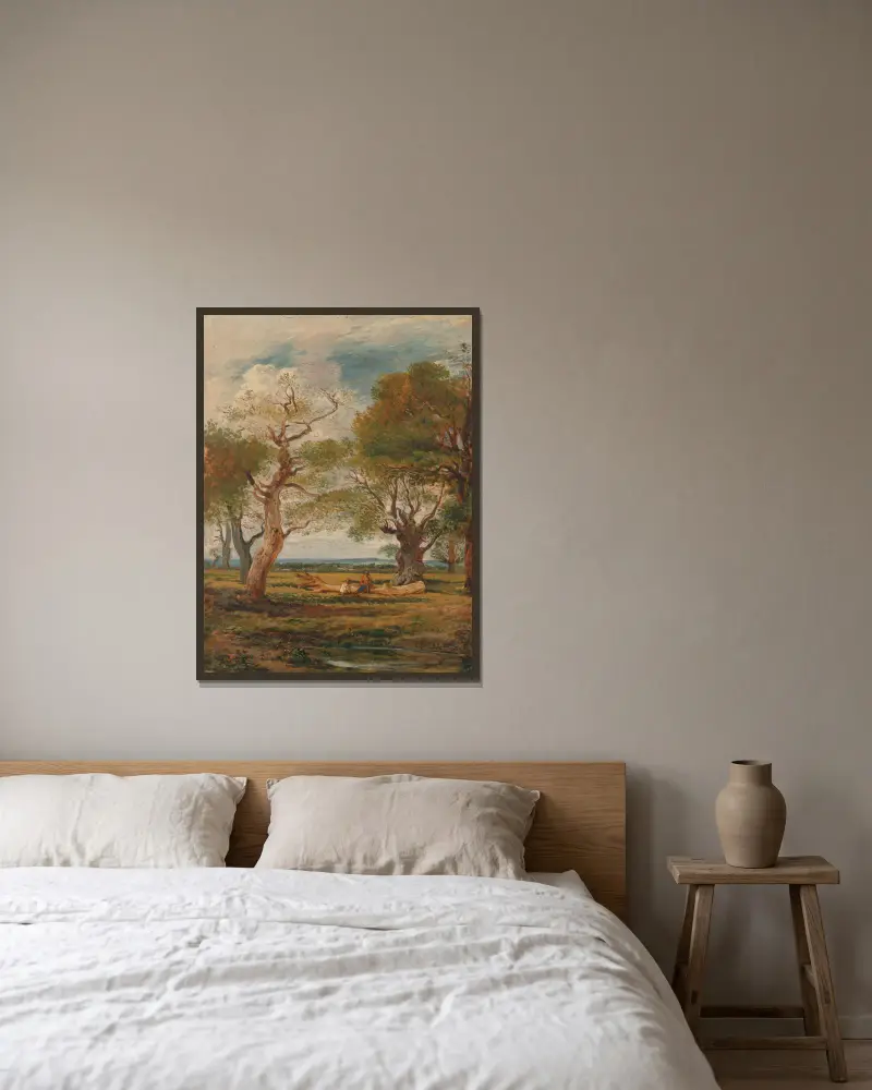 Landschaft mit Figuren von John Linnell gerahmt an einer Wand