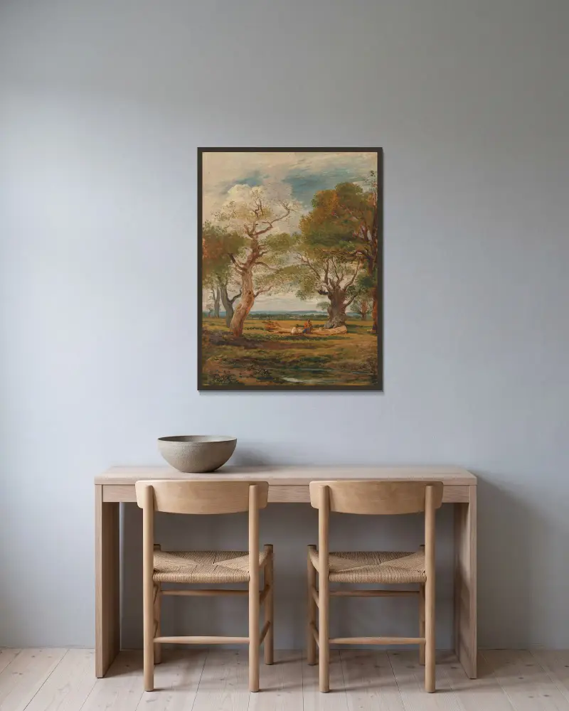 Landschaft mit Figuren von John Linnell gerahmt an einer Wand