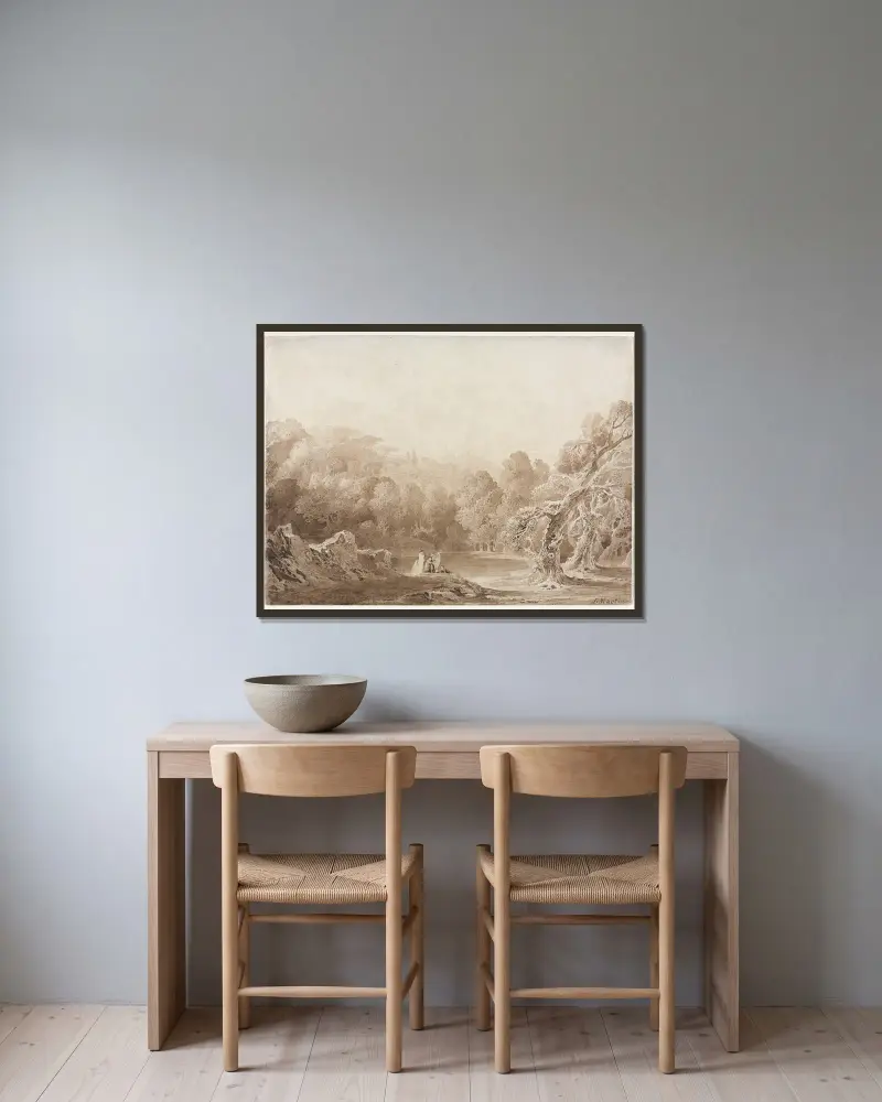En man som spelar harpa med andra figurer vid en sjö av John Martin inramad på en vägg