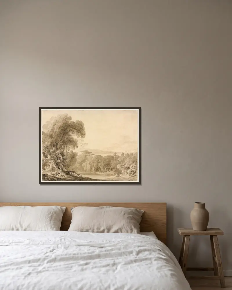 Figuren an einem See in einer Waldlandschaft von John Martin gerahmt an einer Wand