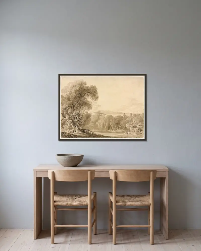 Figuren an einem See in einer Waldlandschaft von John Martin gerahmt an einer Wand