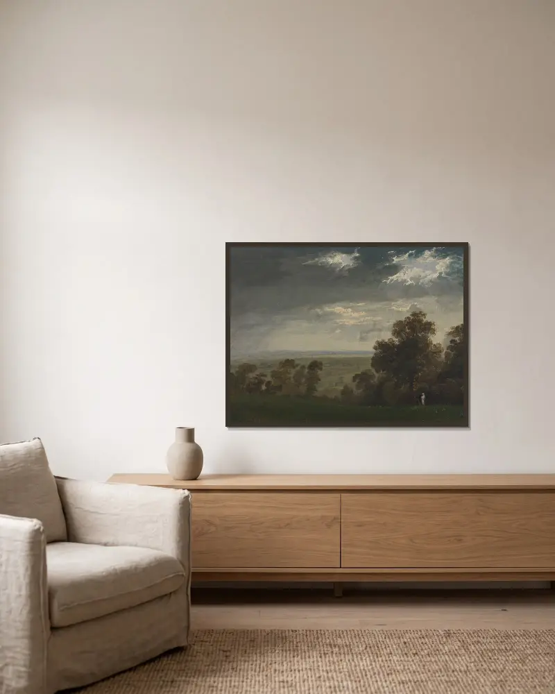Landskap, möjligen Isle of Wight eller Richmond Hill av John Martin inramad på en vägg