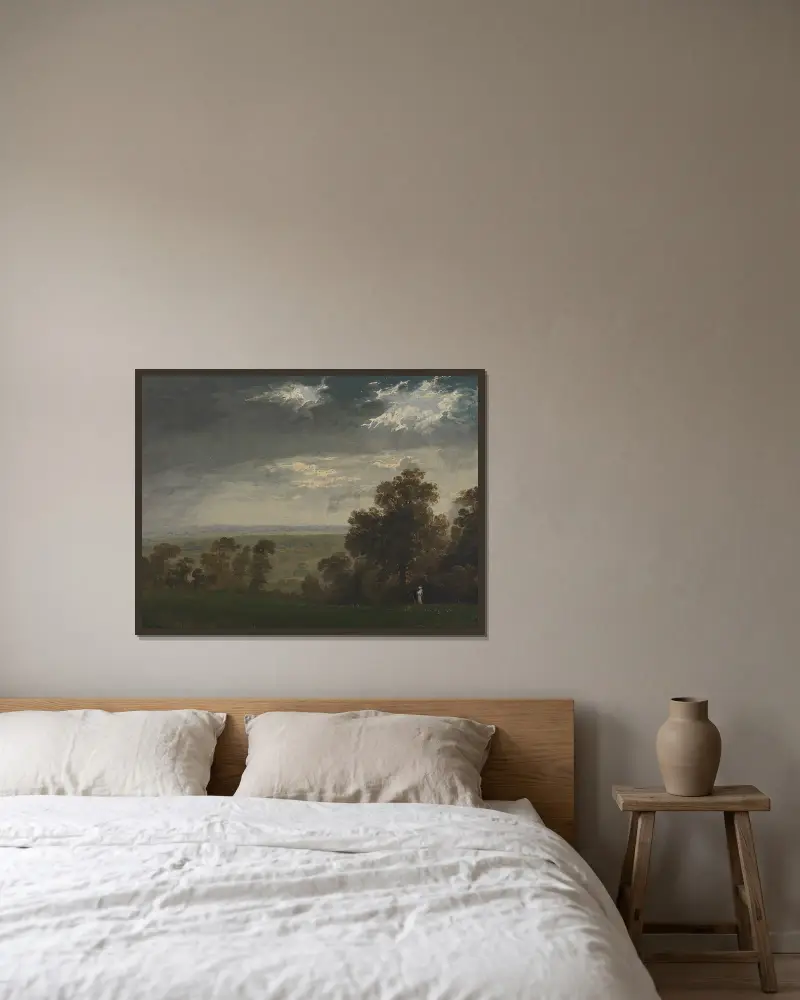 Landskap, möjligen Isle of Wight eller Richmond Hill av John Martin inramad på en vägg
