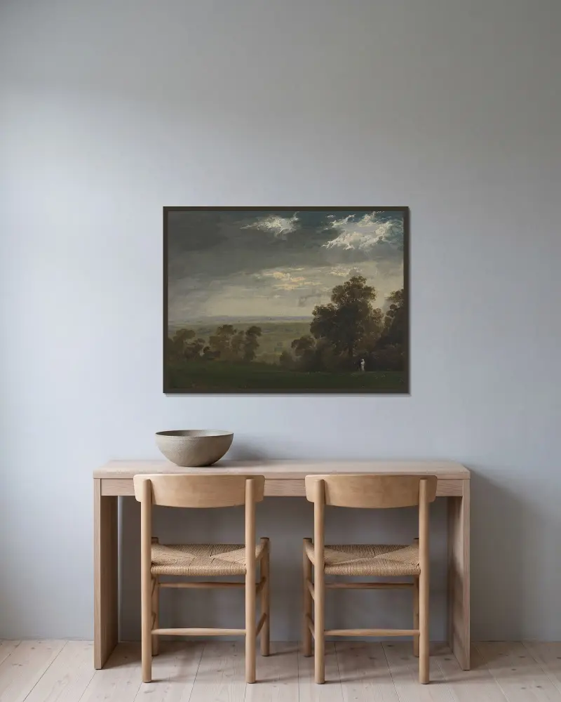 Landskap, möjligen Isle of Wight eller Richmond Hill av John Martin inramad på en vägg