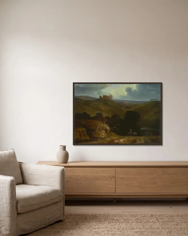 Landschaft mit einem Schloss von John Martin gerahmt an einer Wand