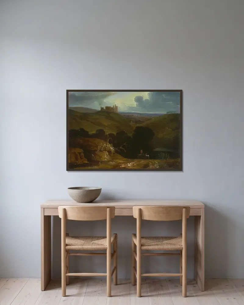 Landschaft mit einem Schloss von John Martin gerahmt an einer Wand