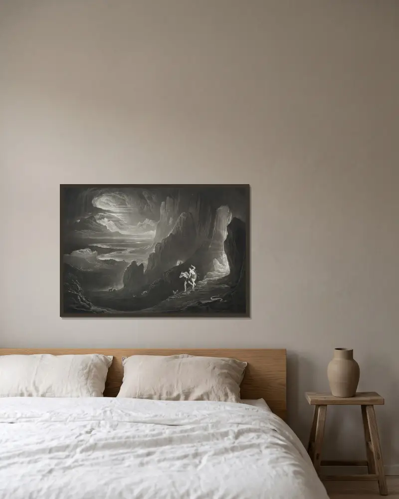 Det förlorade paradiset; Adam och Eva utdrivna ur paradiset av John Martin inramad på en vägg