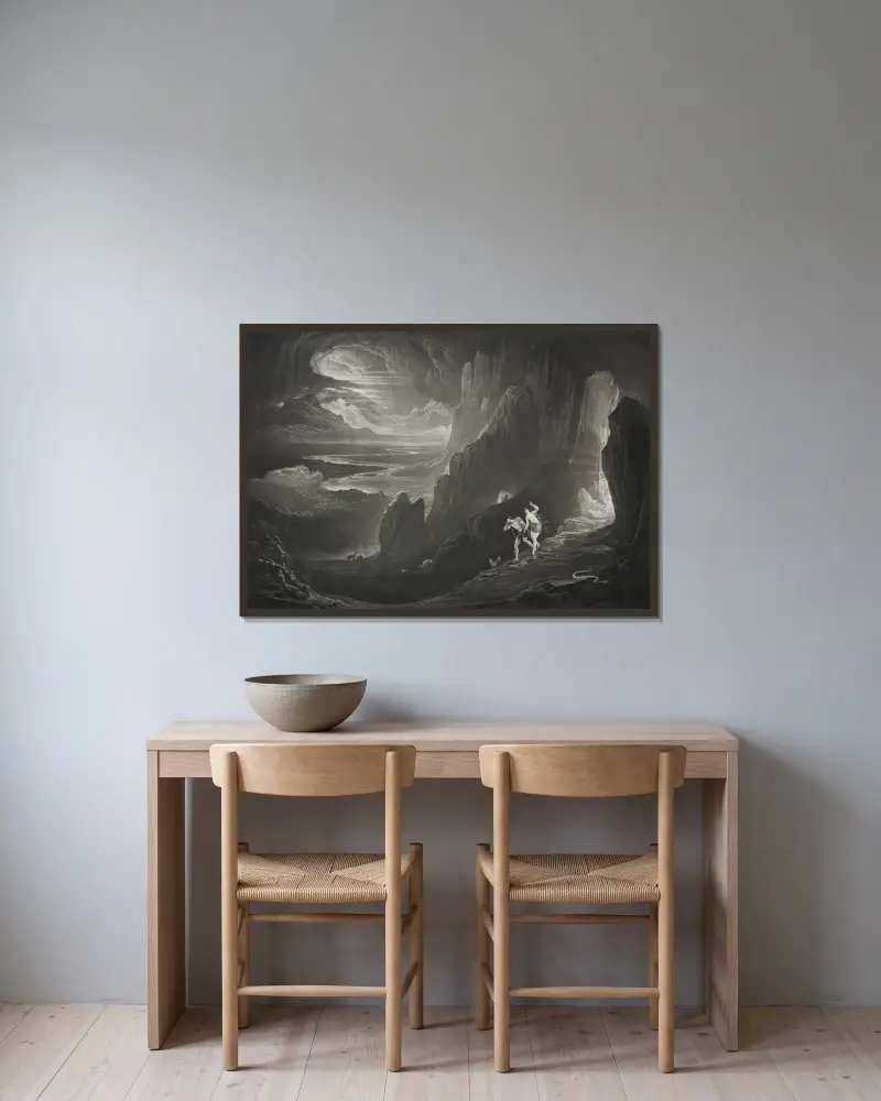 Det förlorade paradiset; Adam och Eva utdrivna ur paradiset av John Martin inramad på en vägg