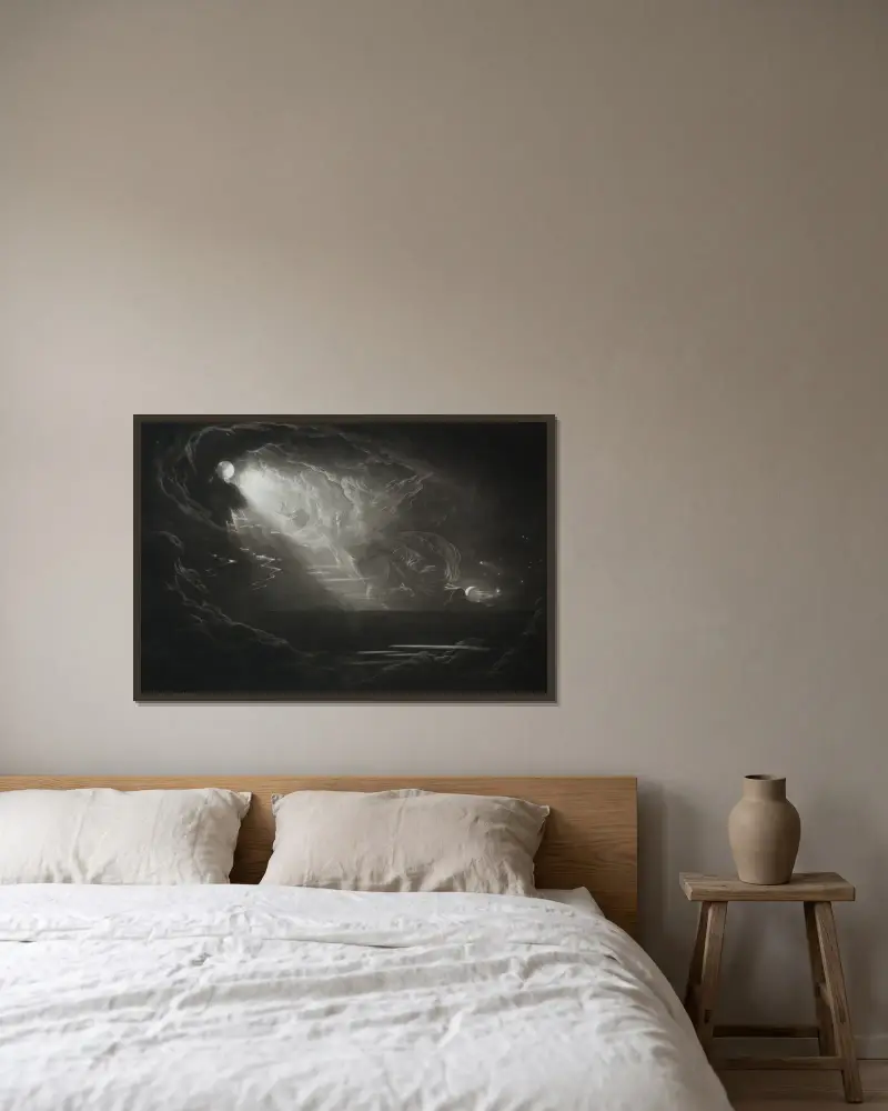 Das verlorene Paradies; Die Erschaffung des Lichts von John Martin gerahmt an einer Wand