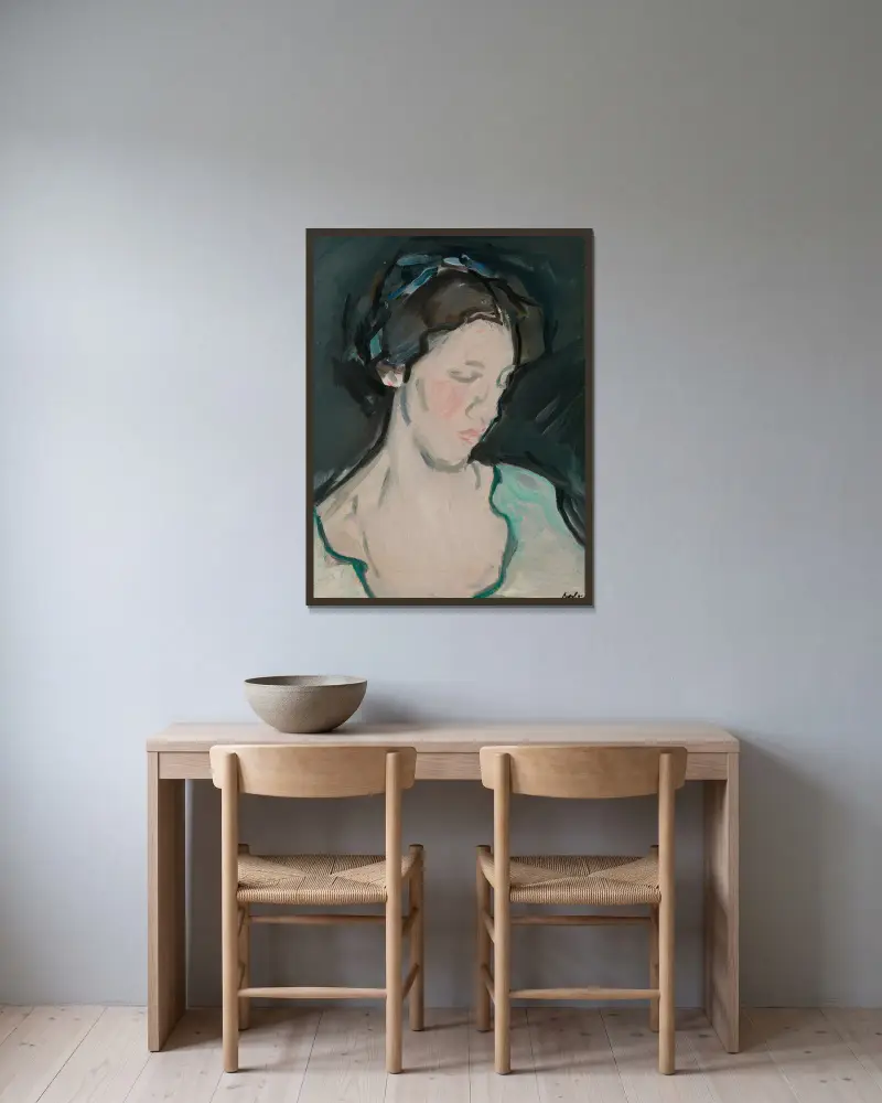 Porträtt av en ung kvinna, förmodligen Peggy MacRae av Samuel John Peploe inramad på en vägg